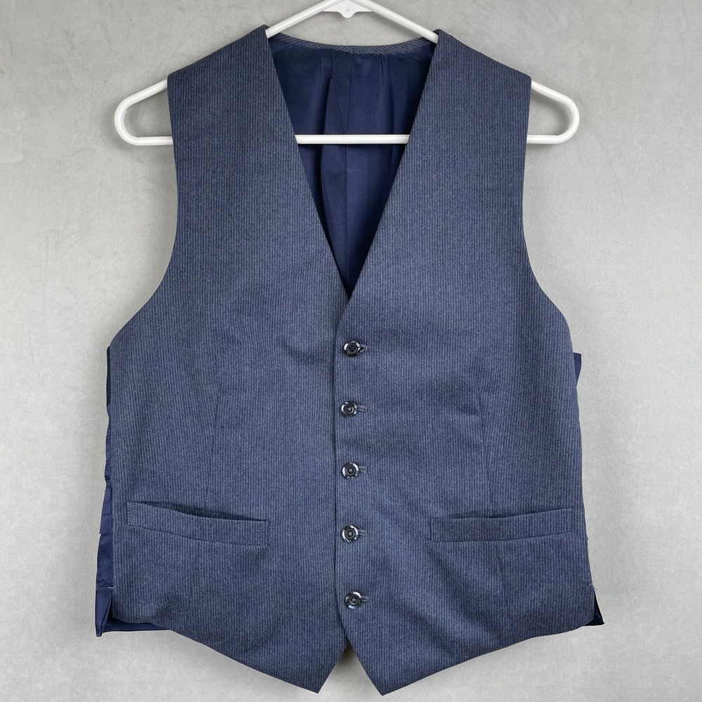 VTG Men Blue Pinstripe Suit Vest Formal Dapper Waistcoat Adjustable Back Strap S